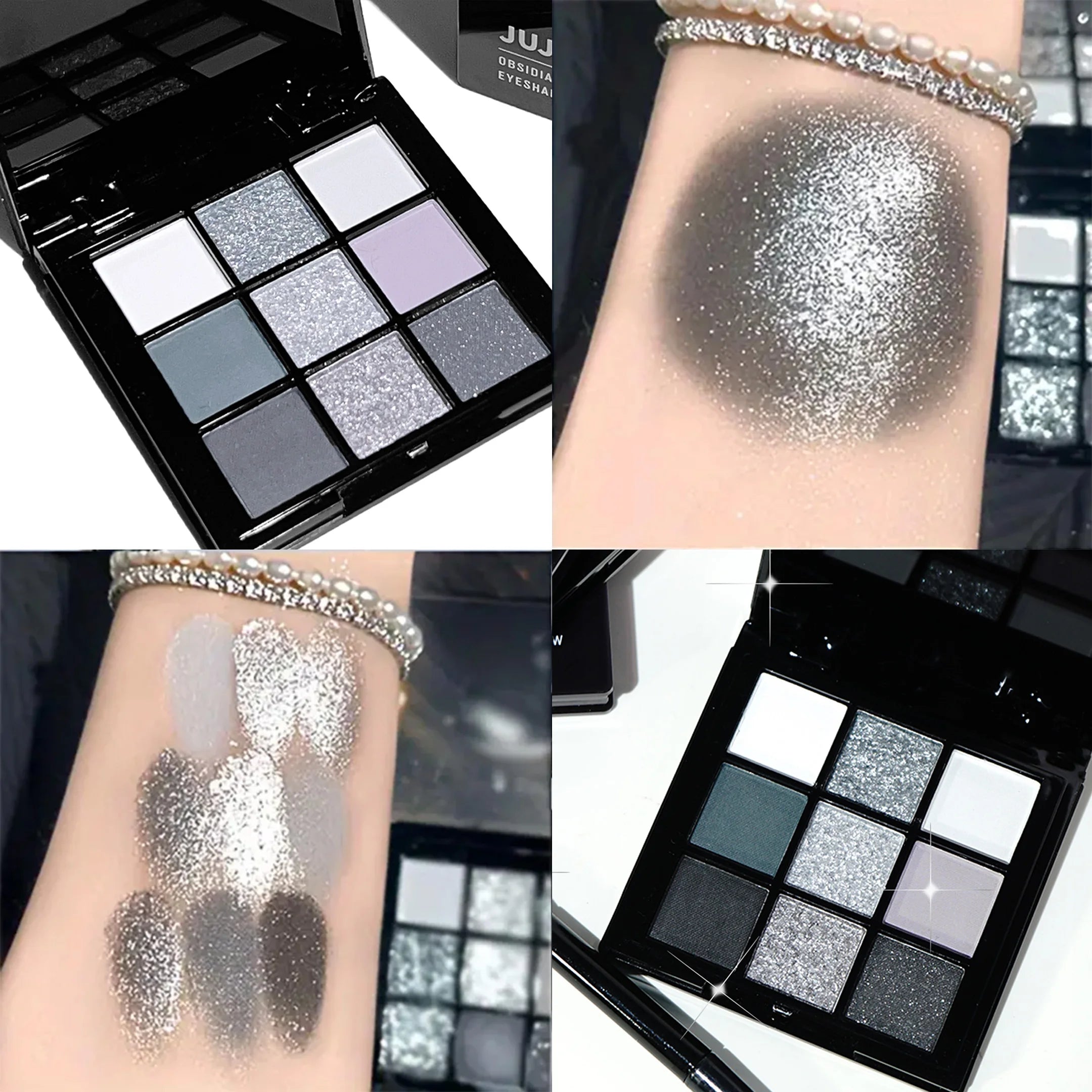 9 Colors Eye shadow Palette, Dark Black Grey Silvery Color Shimmer Matte Finish Smokey Style Stage Party Performance Makeup